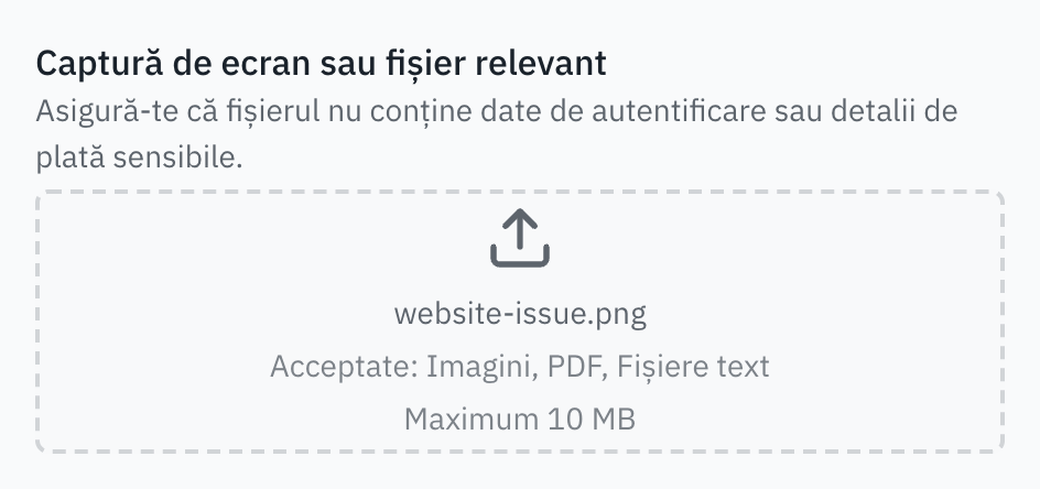 Câmp pentru fișiere din formularul de asistență, cu un fișier de exemplu selectat, formatele acceptate și limita de 10 MB