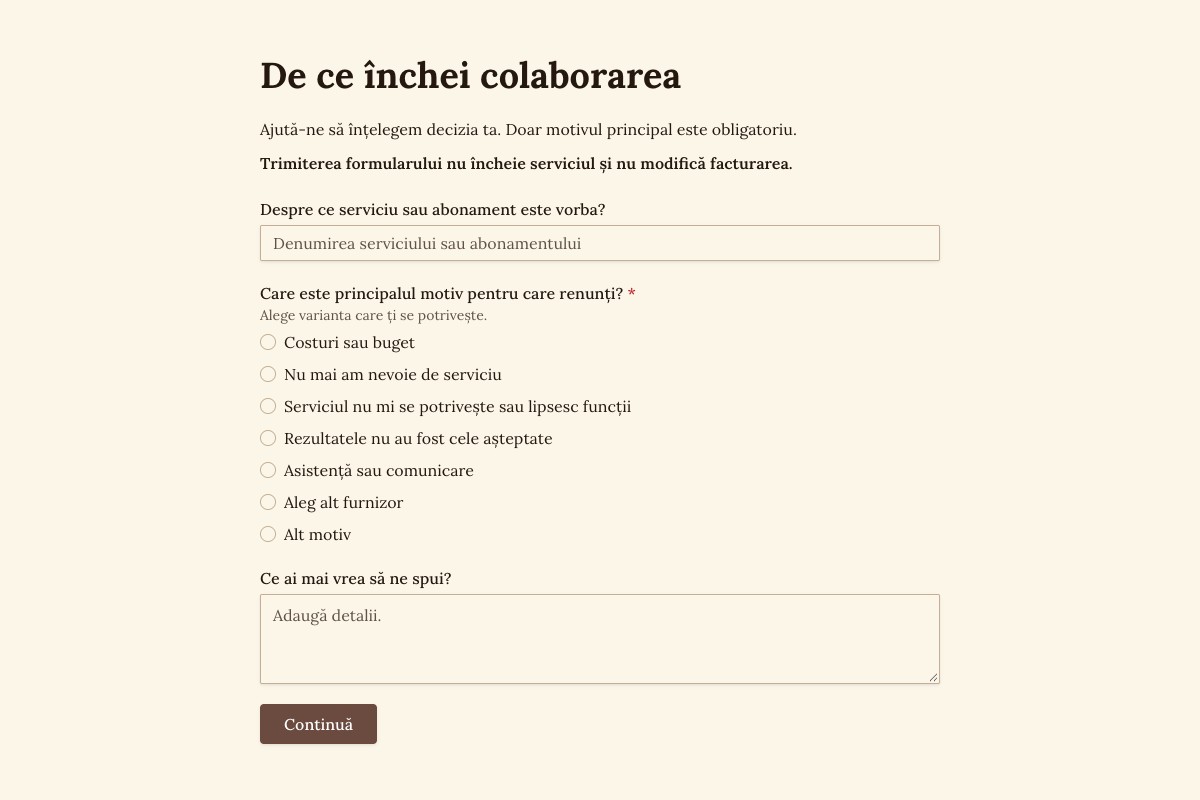 Previzualizare șablon: Feedback la încetarea colaborării