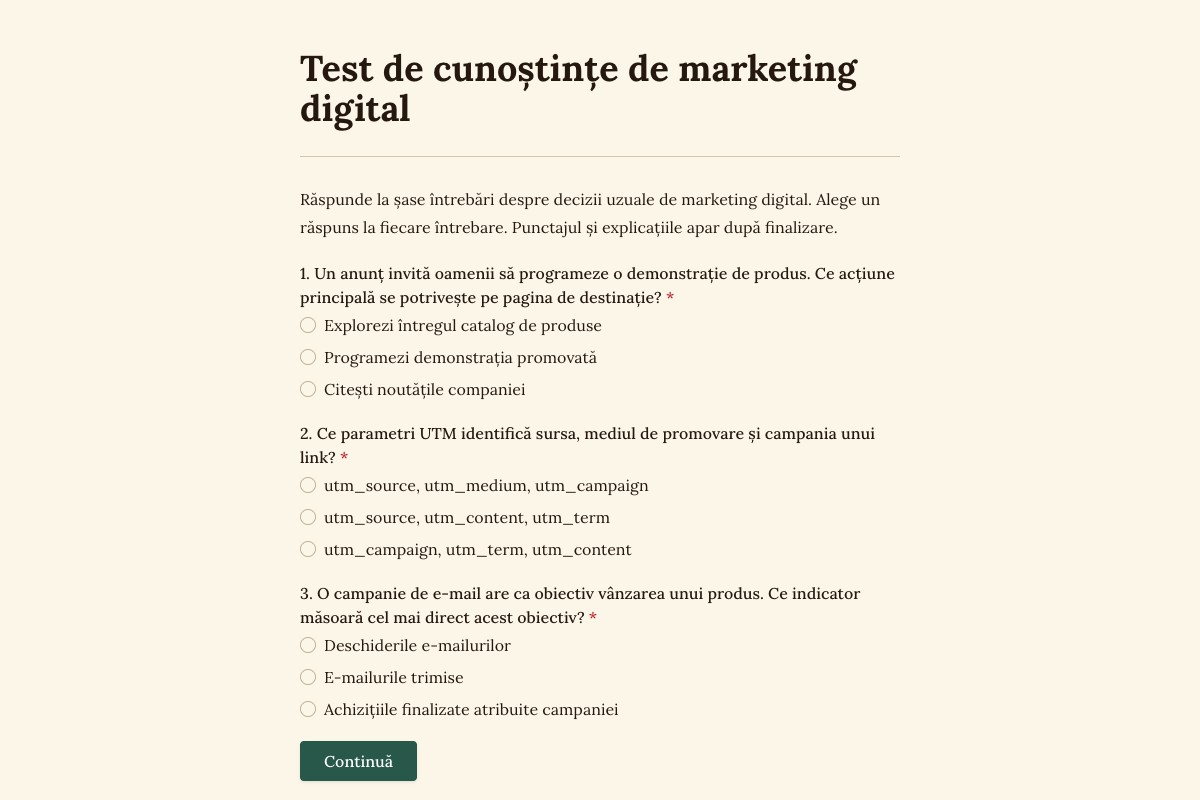 Test de marketing digital cu întrebări cu variante de răspuns și navigare către pagina următoare