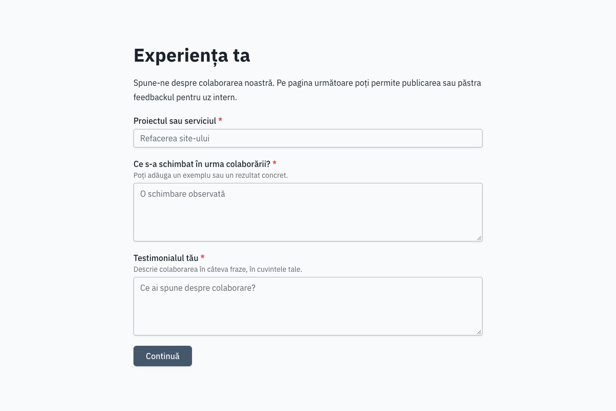 Previzualizare șablon: Formular de testimoniale de la clienți