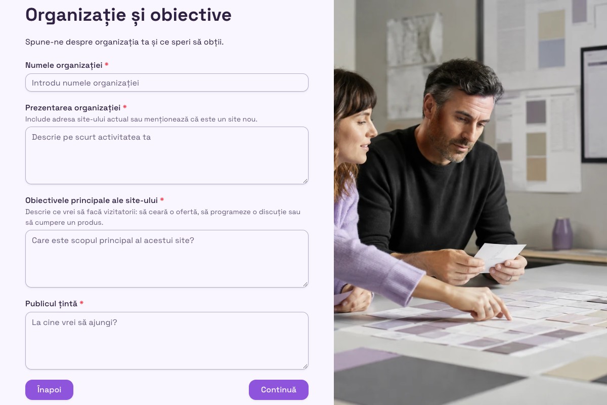 Previzualizare șablon: Chestionar pentru crearea unui site